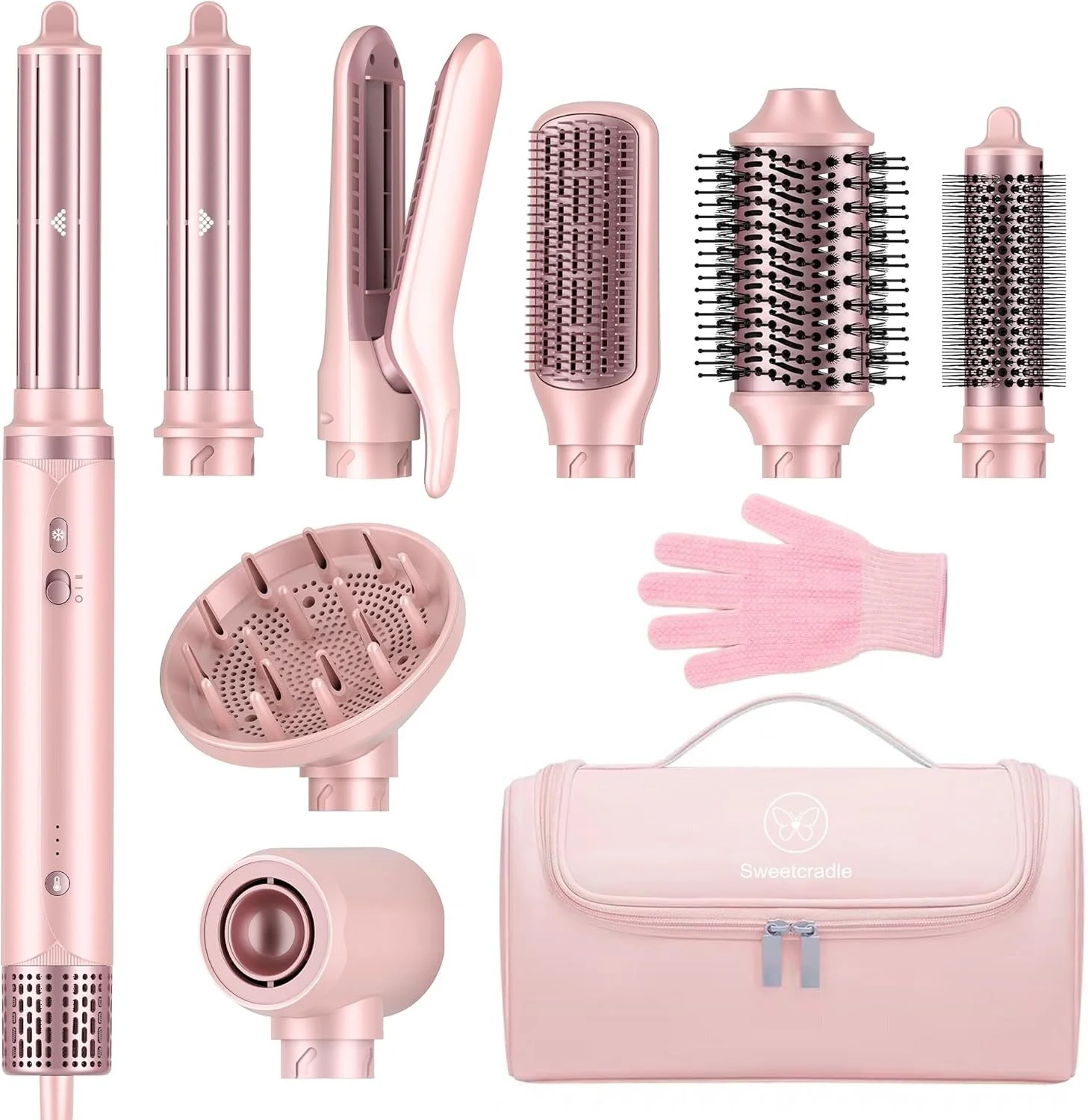 SweetCradle 8-in-1 Hair Styler & Hair Dryer Brush Set, Dual Voltage Ionic Blow Dryer with Wrap Curlers & Hair Straightener, Fast Drying Volumizing Curling Straightening, No Heat Damage, Gifts for Wome