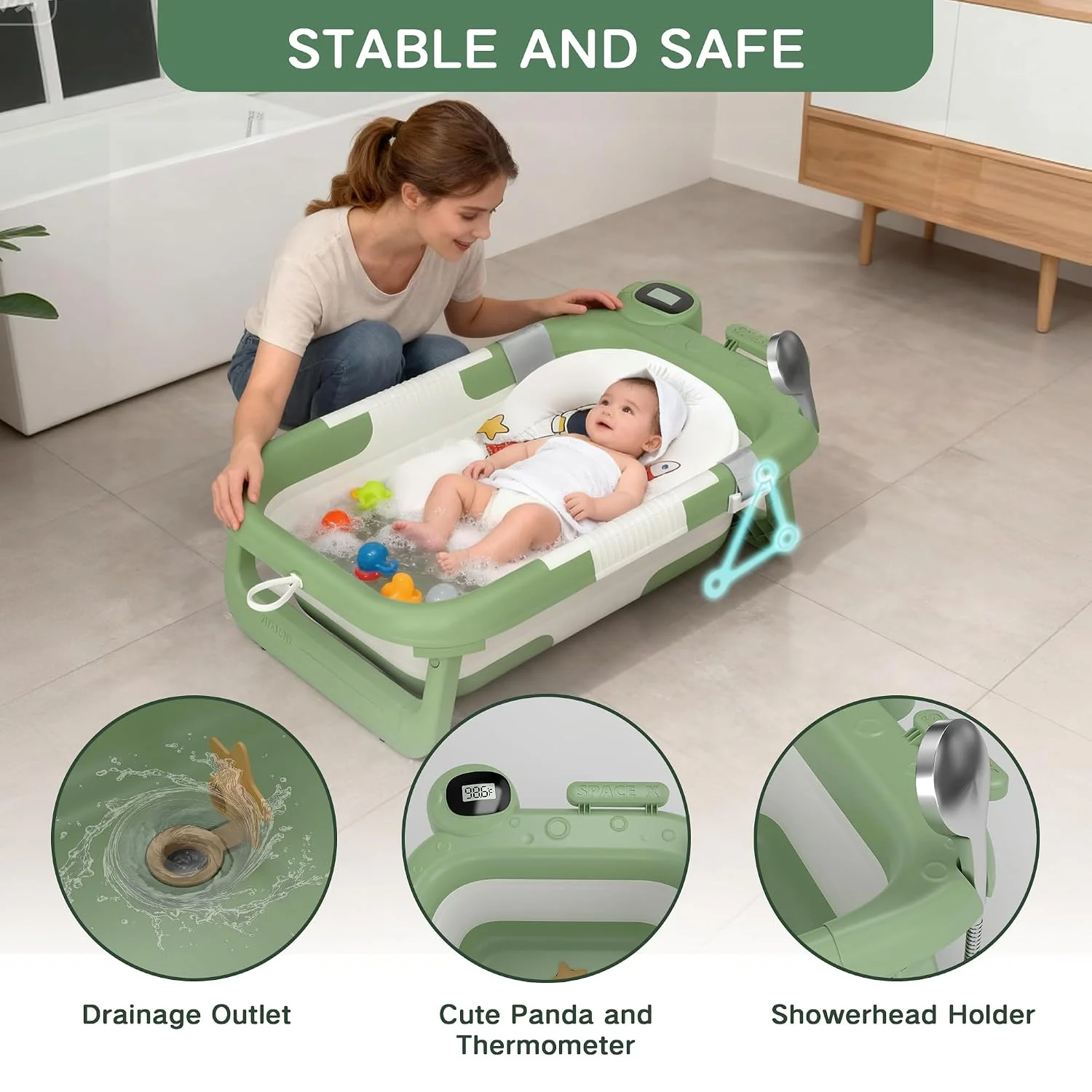 LAUJIA Bañera Plegable para Bebé Diseño Astronauta con Cojín Verde