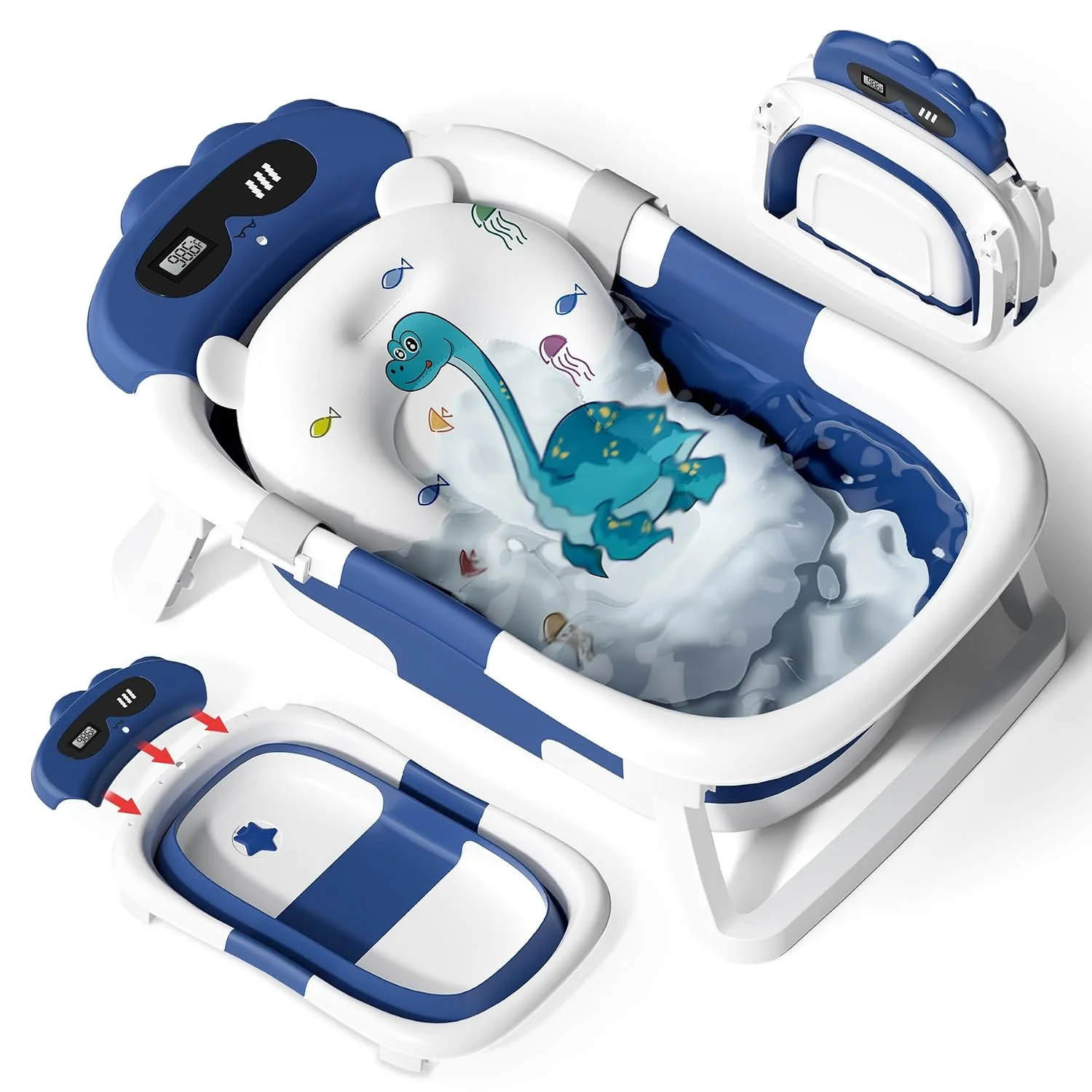 AVIDOR Bañera Plegable para Bebé Diseño Dinosaurio con Red de Baño Azul Marino
