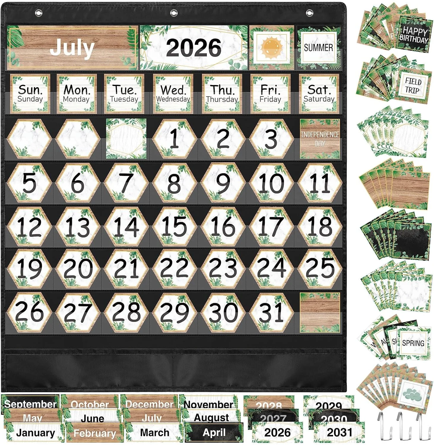 Fulmoon Classroom Calendar Pocket Chart Set Calendar Bulletin Board Set with Pocket Seasons Festival Weather Date Bag Chart for Classroom Decoration Back to School Supplie(Black,Greenery)