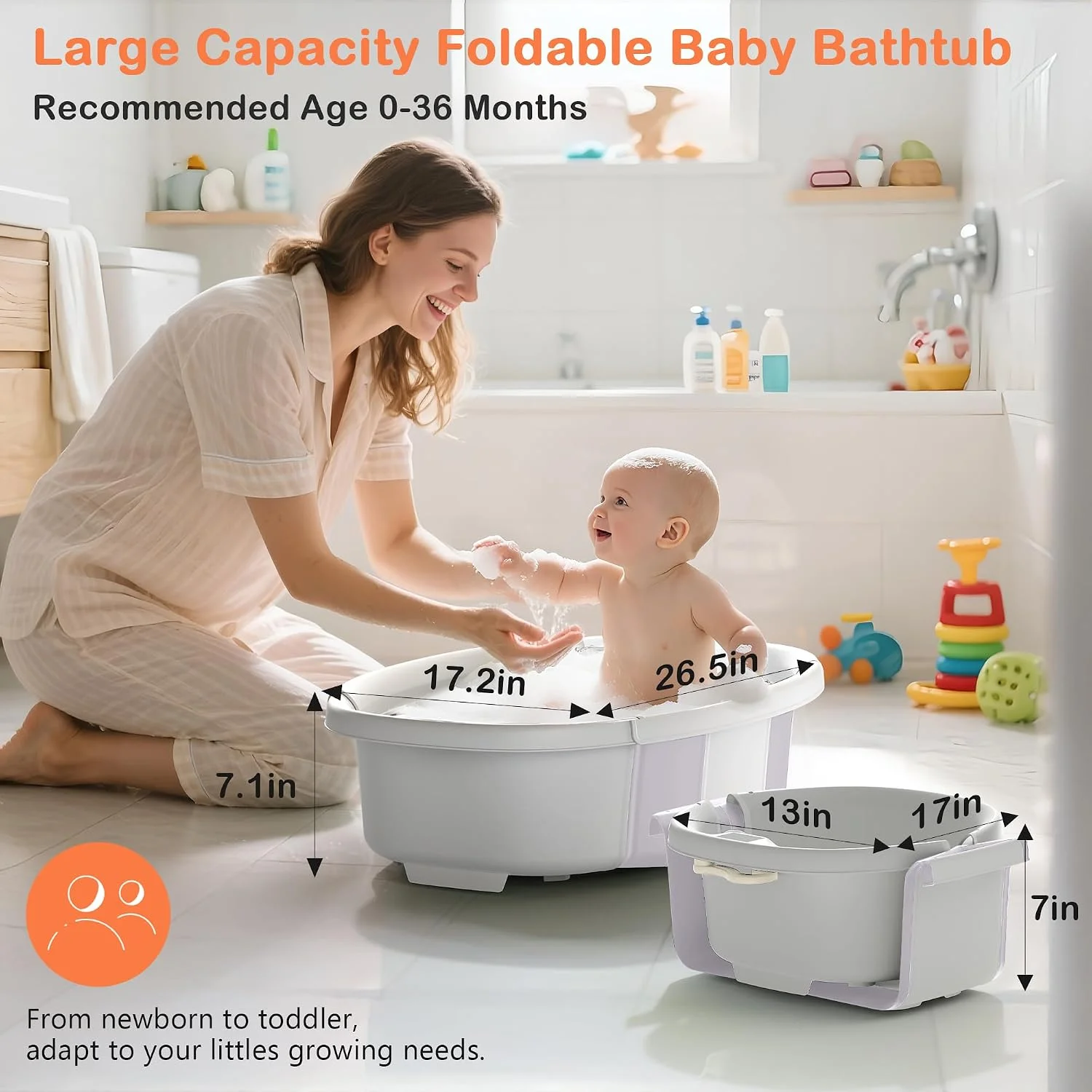 Spluvvly Bañera Plegable Grande para Bebé con Termómetro y Cojín Lila