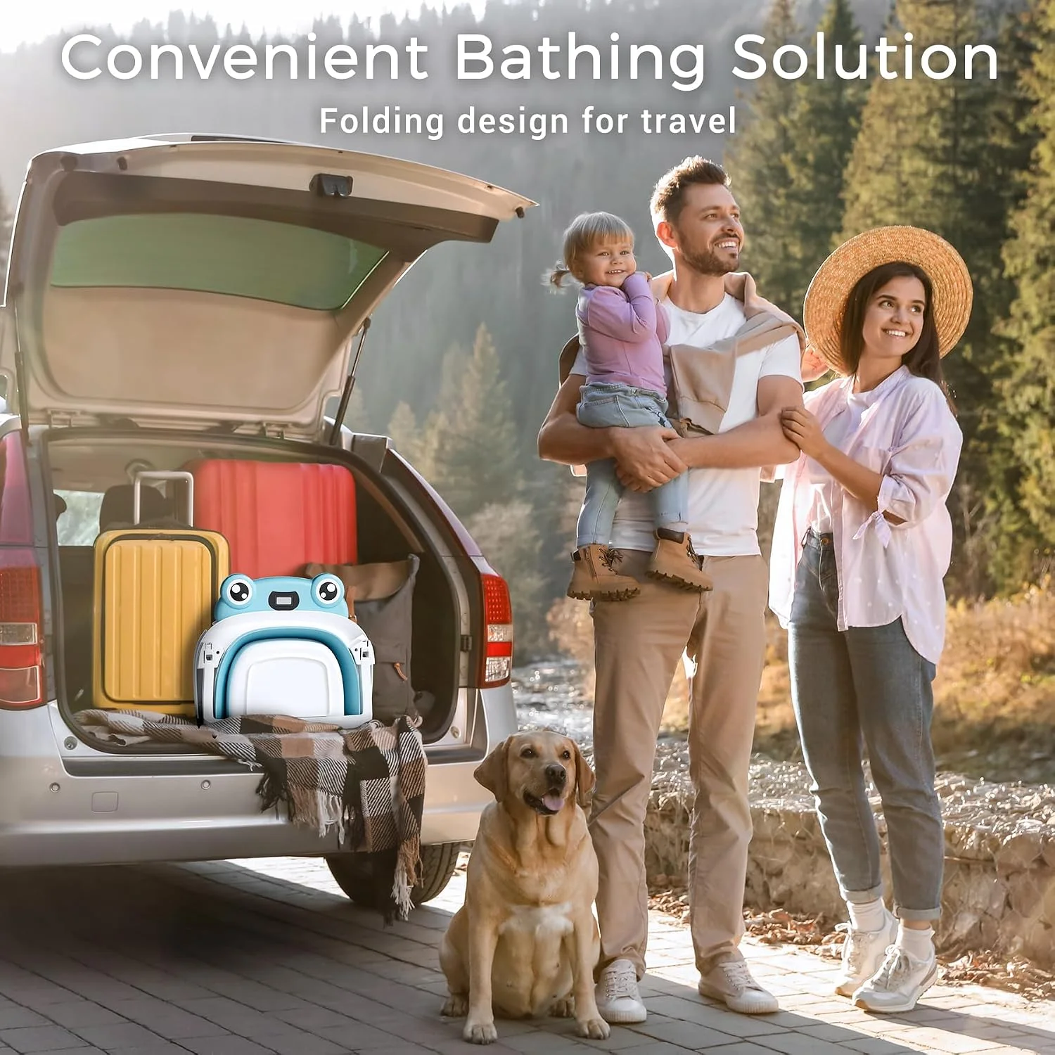 BUNWAG Bañera Plegable para Bebé con Termómetro y Cojín Azul