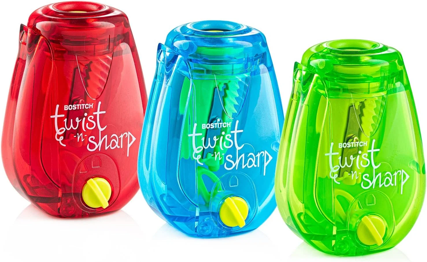 Bostitch Office Pencil Sharpener, Manual, Twist-n-Sharp with Shavings Tray, Kids, Boys, Girls, Colored Pencils, 3-Pack,