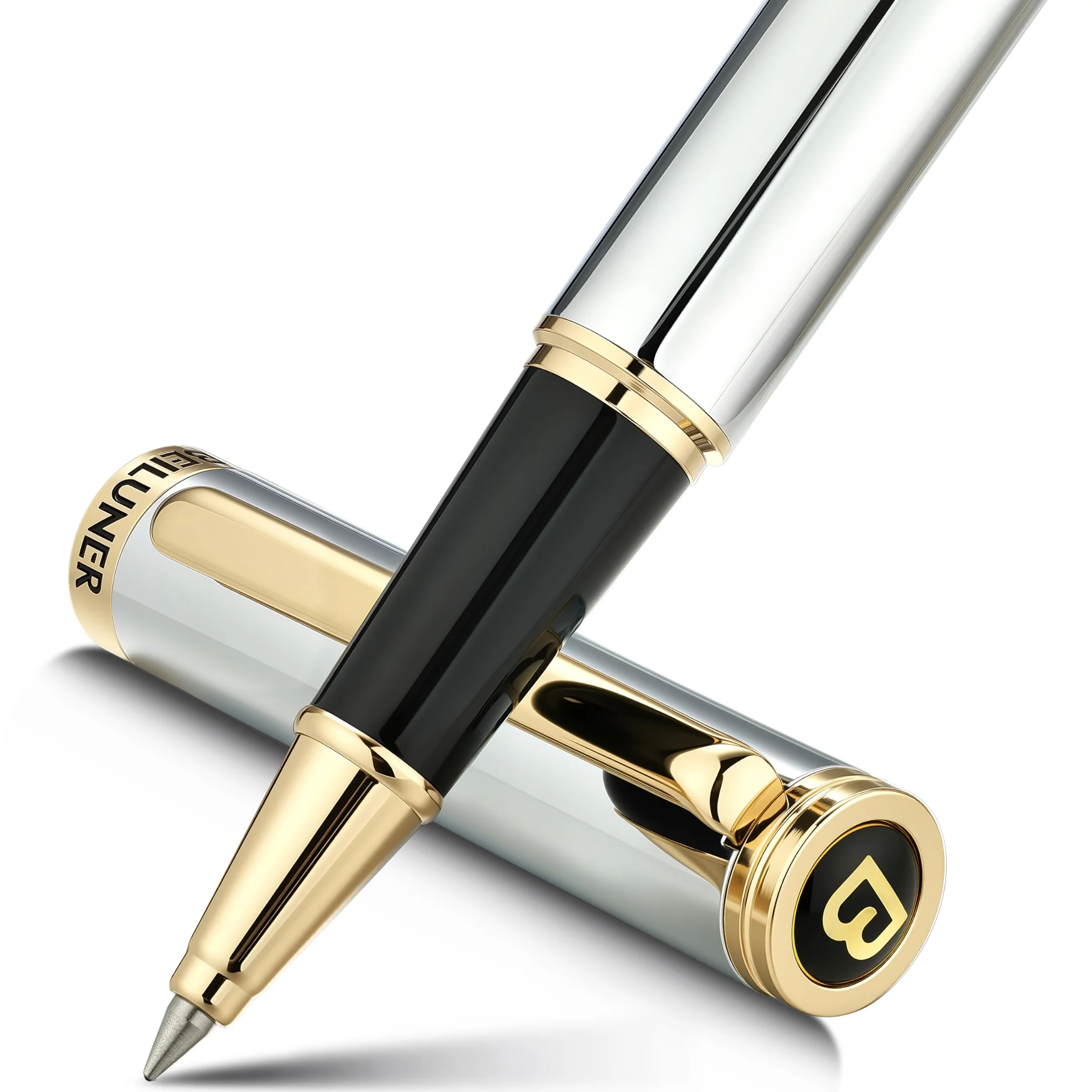 BEILUNER Luxury Rollerball Pen, Stunning Silver Chrome with 24K Gold Finish,Noble and Elegant Designs,Schneider Ink Refill, Best Gift Pen for Men & Women, Professional, Executive Office, Fancy Pens