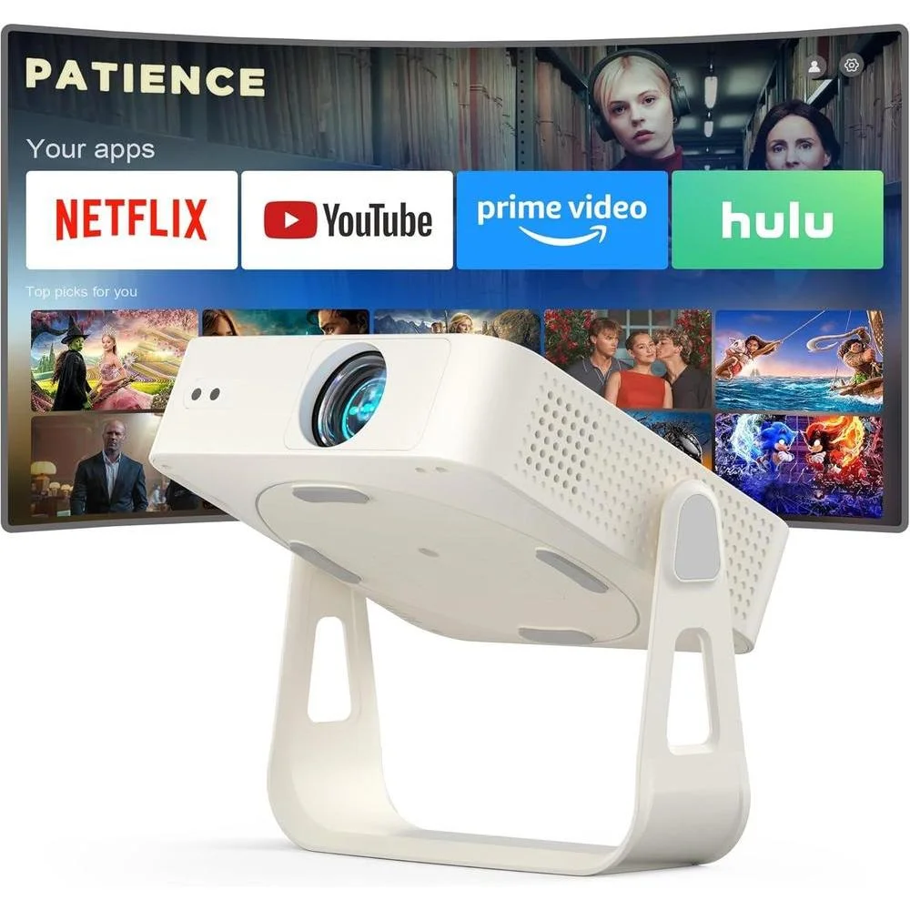 [Officially-Licensed App & Auto Focus]White Smart Mini Projector with WiFi and Bluetooth, XuanPad 4K Support Movie Projector, Portable Native 1080P Outdoor Projector with 360° Stand