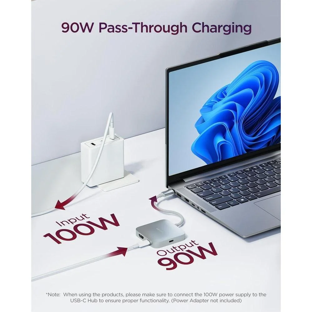 Lenovo Hub de viaje USB-C 5 en 1 con entrega de energía, HDMI 4K, puertos duales USB-C y USB-A, Plug and Play en gris plateado