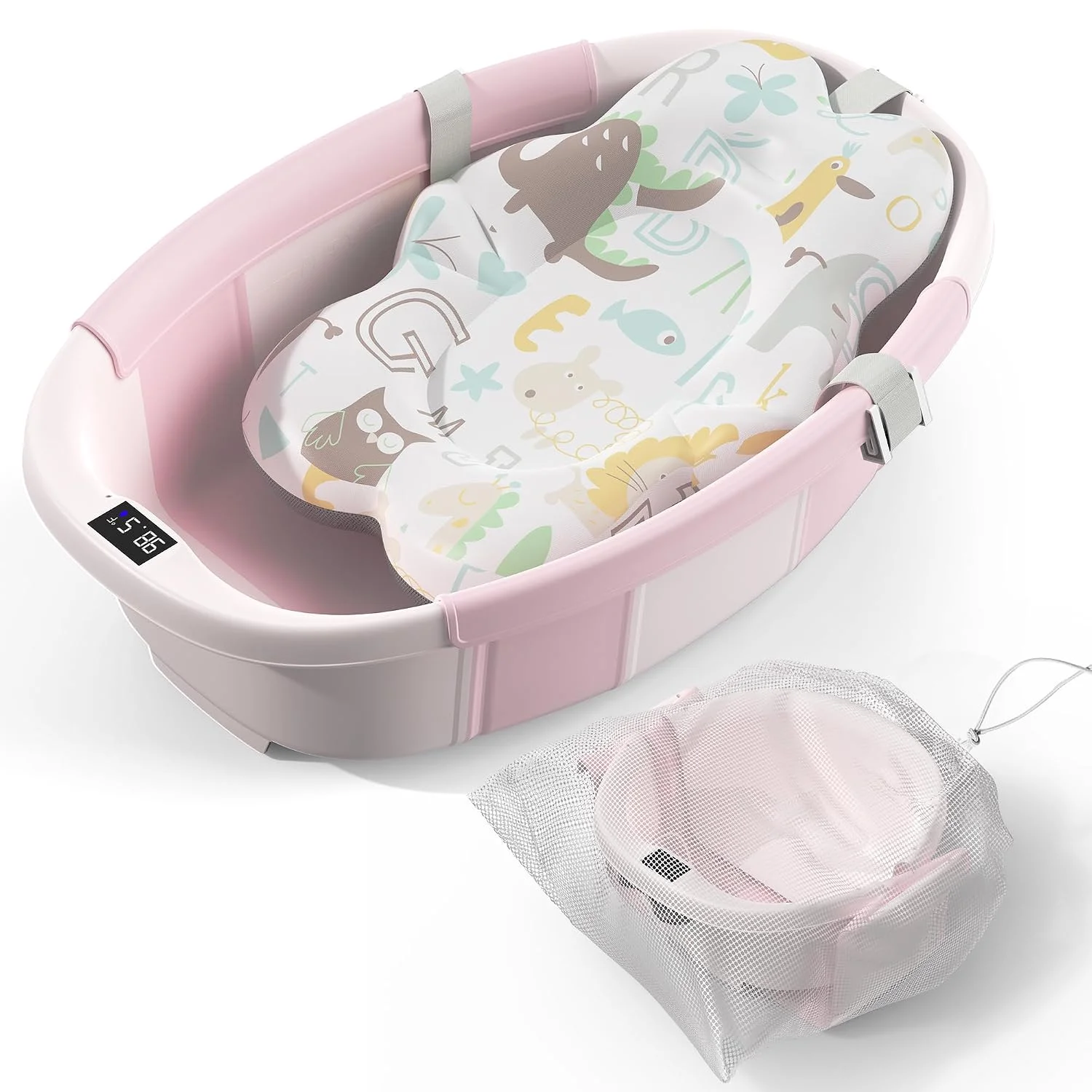 Spluvvly Bañera Plegable Grande para Bebé con Termómetro y Cojín Rosada