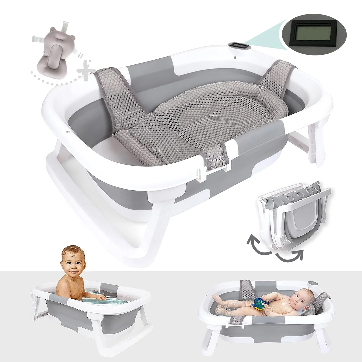 BEBELEH Bañera Plegable para Bebé con Termómetro y Doble Hamaca Gris