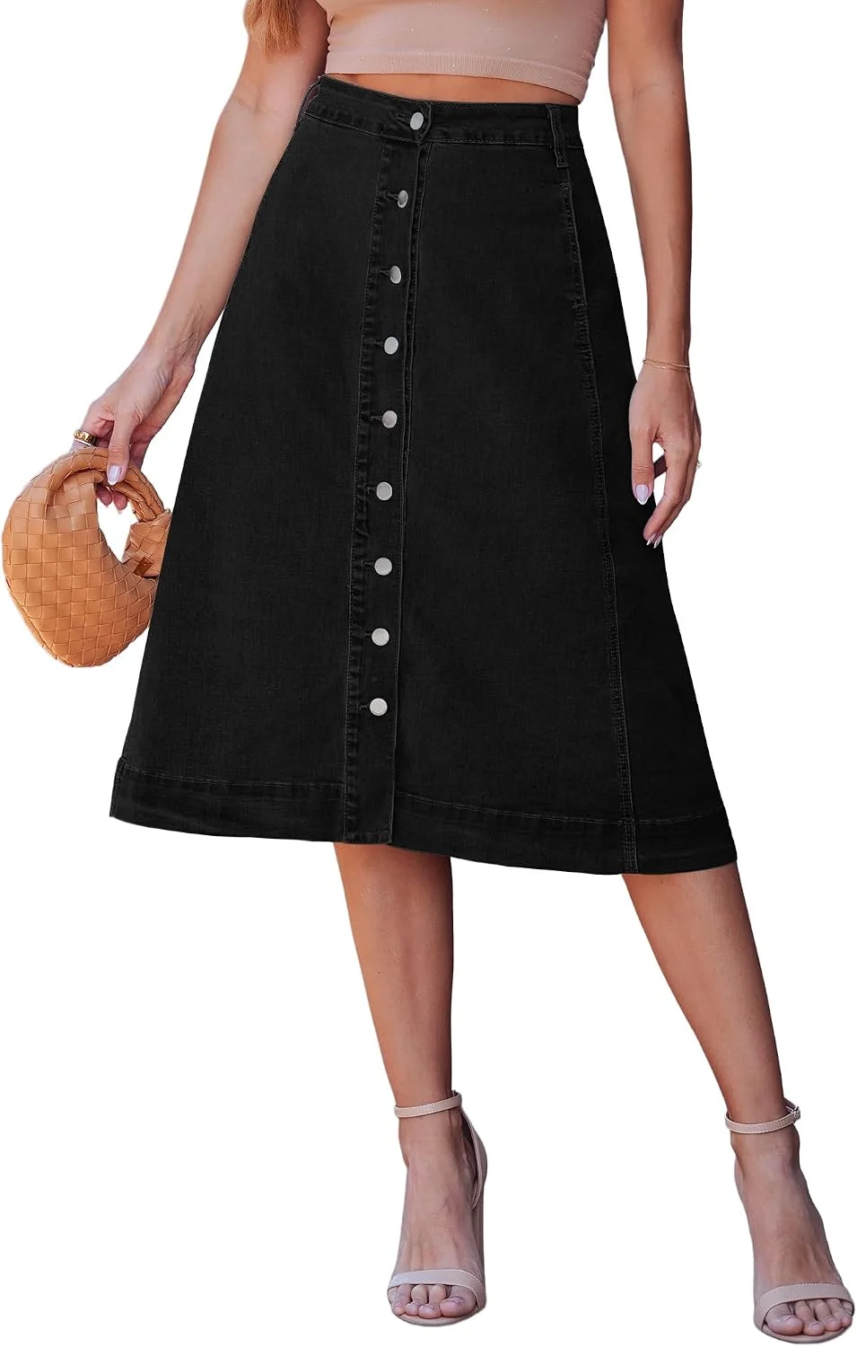 Falda Jean Midi A Line luvamia Botones Elástica con Bolsillos