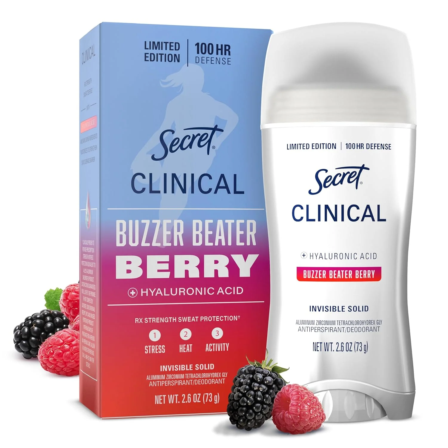 Desodorante Antitranspirante Secret Clinical Strength 100HR Defense Invisible Solid para Mujer Buzzer Beater Berry 2.6 oz