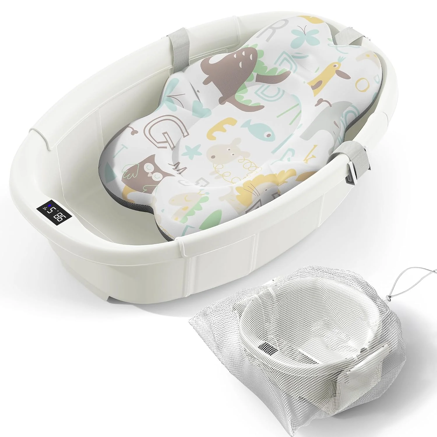Spluvvly Bañera Plegable Grande para Bebé con Termómetro y Cojín Blanca