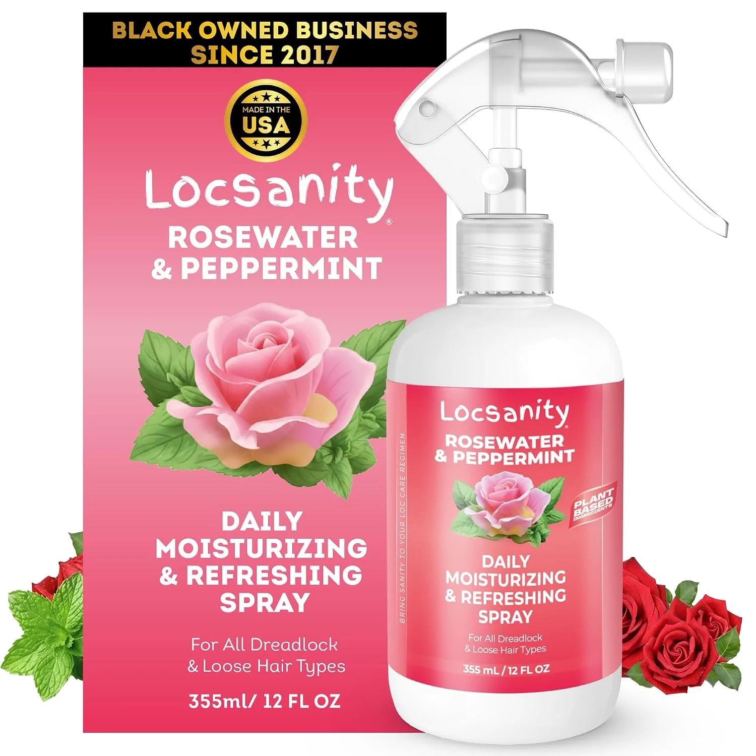 Loc Spray - Locsanity Daily Moisturizing Rosewater & Peppermint Spray for Locs, Dreadlocks - Lightweight Frizz Control Hair & Scalp Moisturizer - Natural Loc Care (12 fl oz)