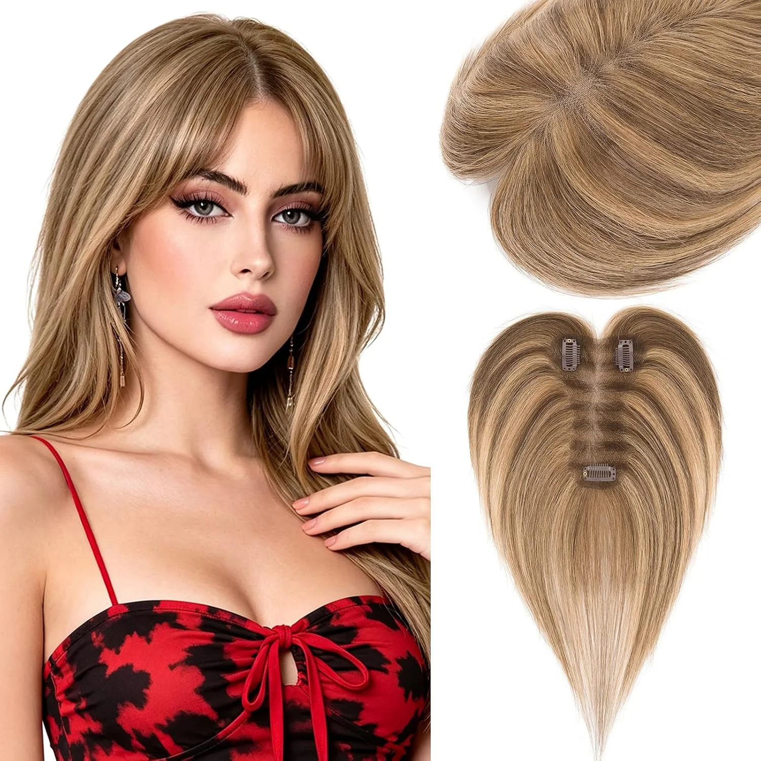 Topper de cabello humano Hairro con flequillo lateral clip-in 10 pulgadas 17g castaño medio con rubio oscuro