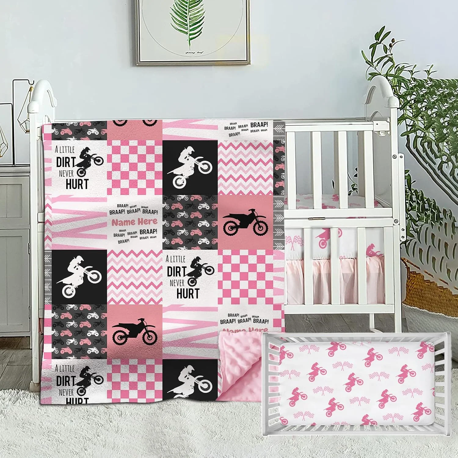 Munific Personalized Crib Bedding Set for Girls, Custom Baby Sets with Name, Motocross Dirt Bike Sets, 2 Piece Pink Motorcycle Plaid Comforter, Fitted Sheet Girl, Style#8, Woodland