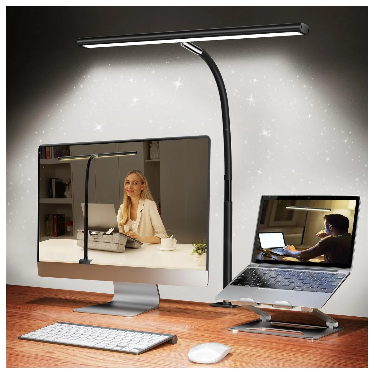 Airlonv LED Desk Lamp with Clamp, 17" Stepless Dimming Light, Black