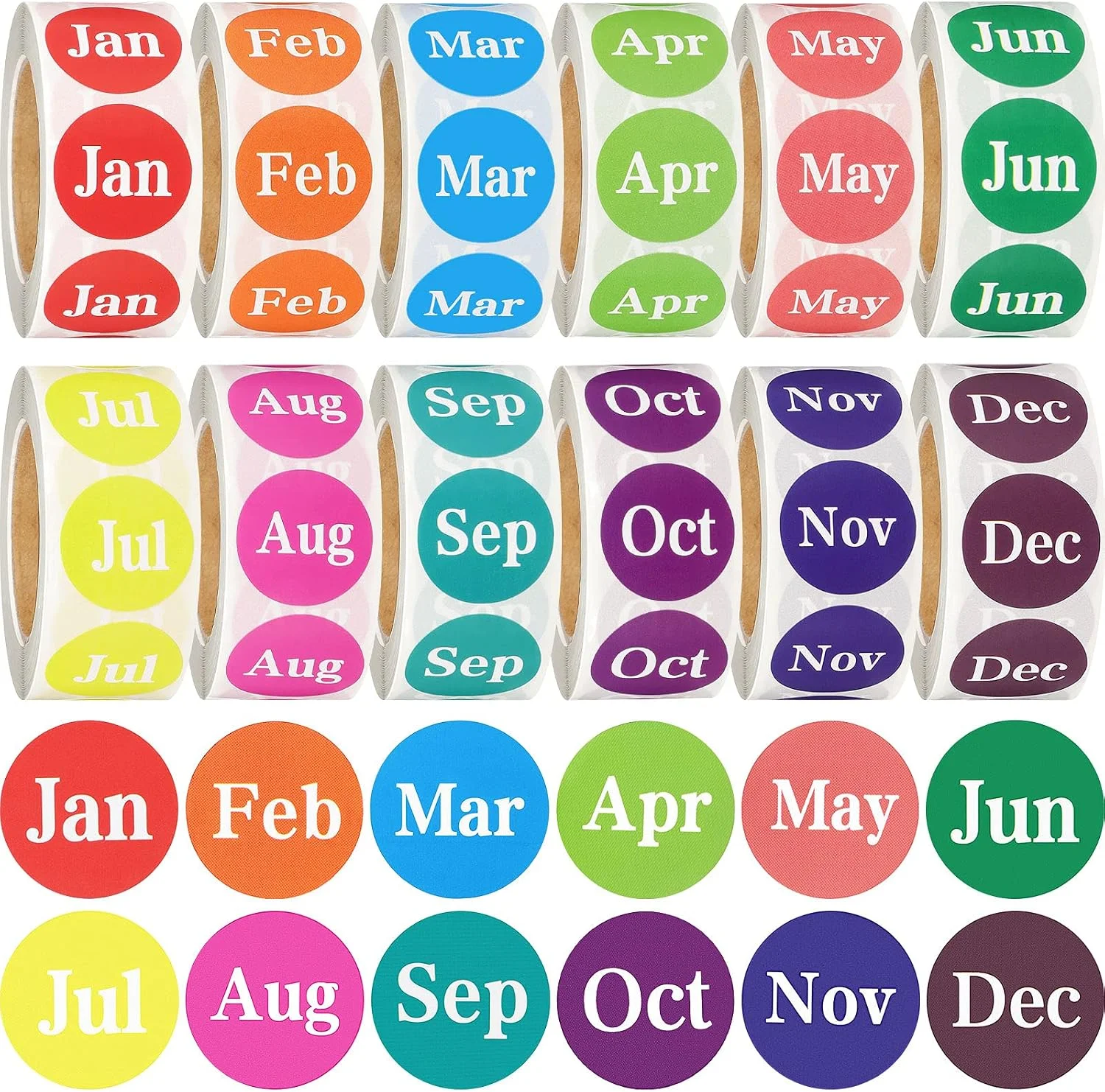 Zonon 12 Rolls 6000 Labels Round Month Stickers, 1 Inch 12 Months of The Year Labels Monthly Adhesive Sticker Color Coding Month Tag Decorative Sticker, 500 Pieces Per Roll(White)
