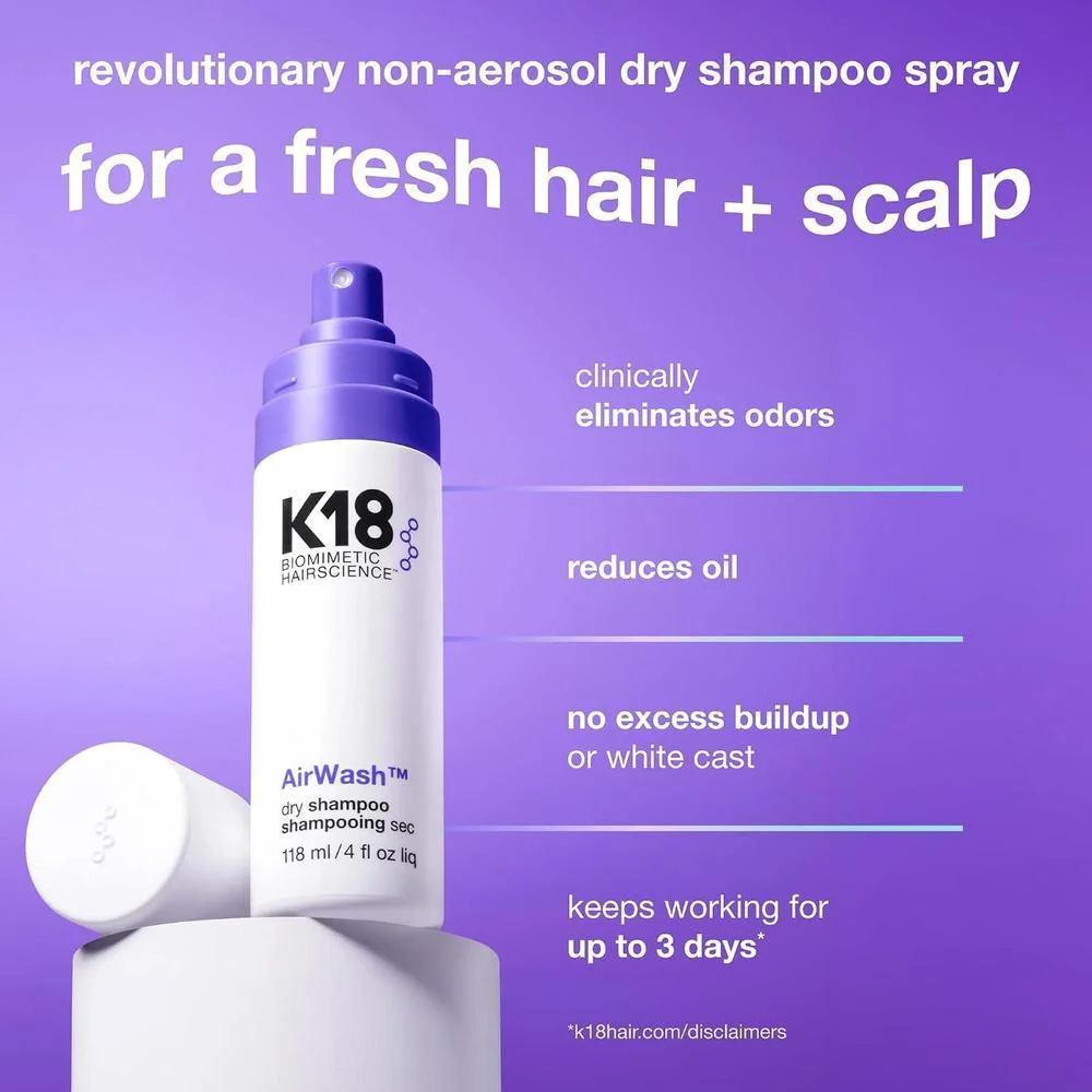 K18 AirWash Dry Shampoo con biotecnología de control de olores, balanceo del cuero cabelludo y control de grasa