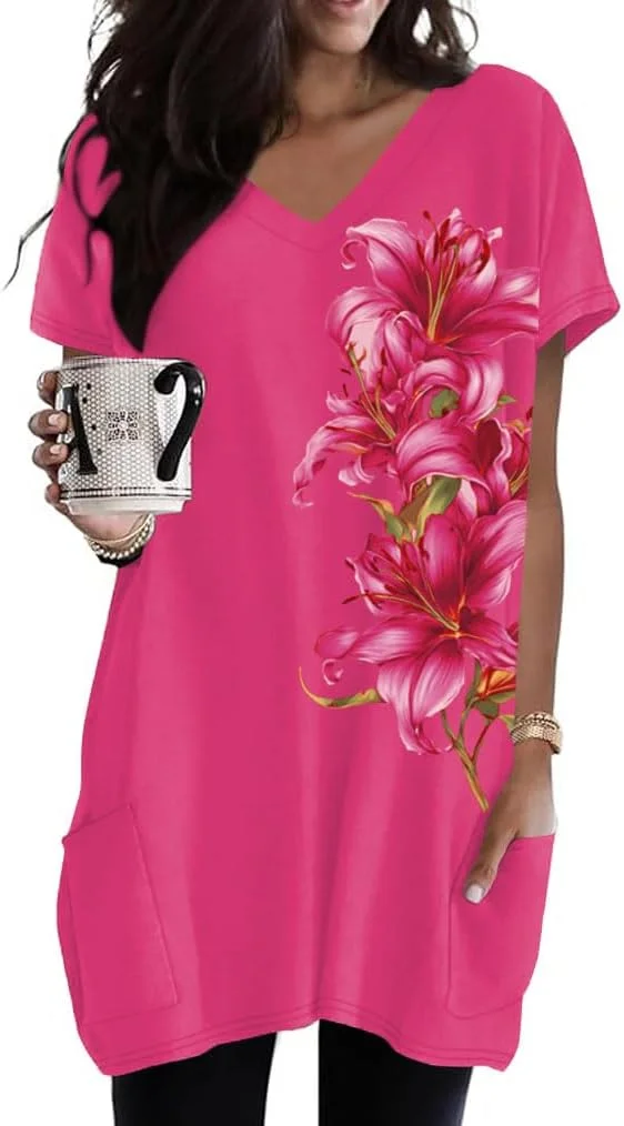Blusa Poetsky Tunic V-Neck Manga Corta con Bolsillos para Mujer