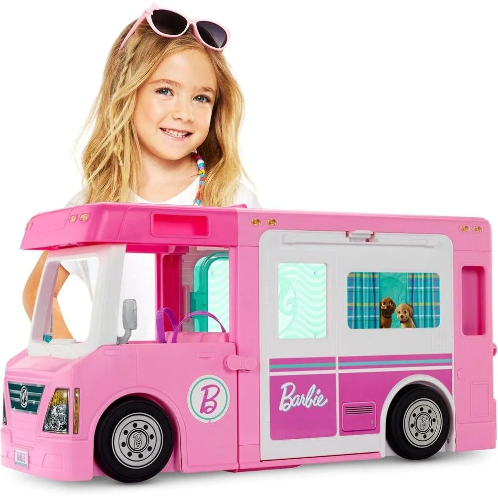 Barbie 3-in-1 DreamCamper Vehicle, Approx. 3-ft, Transforming Camper with Pool, Truck, Boat and 60 Accessories, Makes a Great Gift for 3 to 7 Year Olds