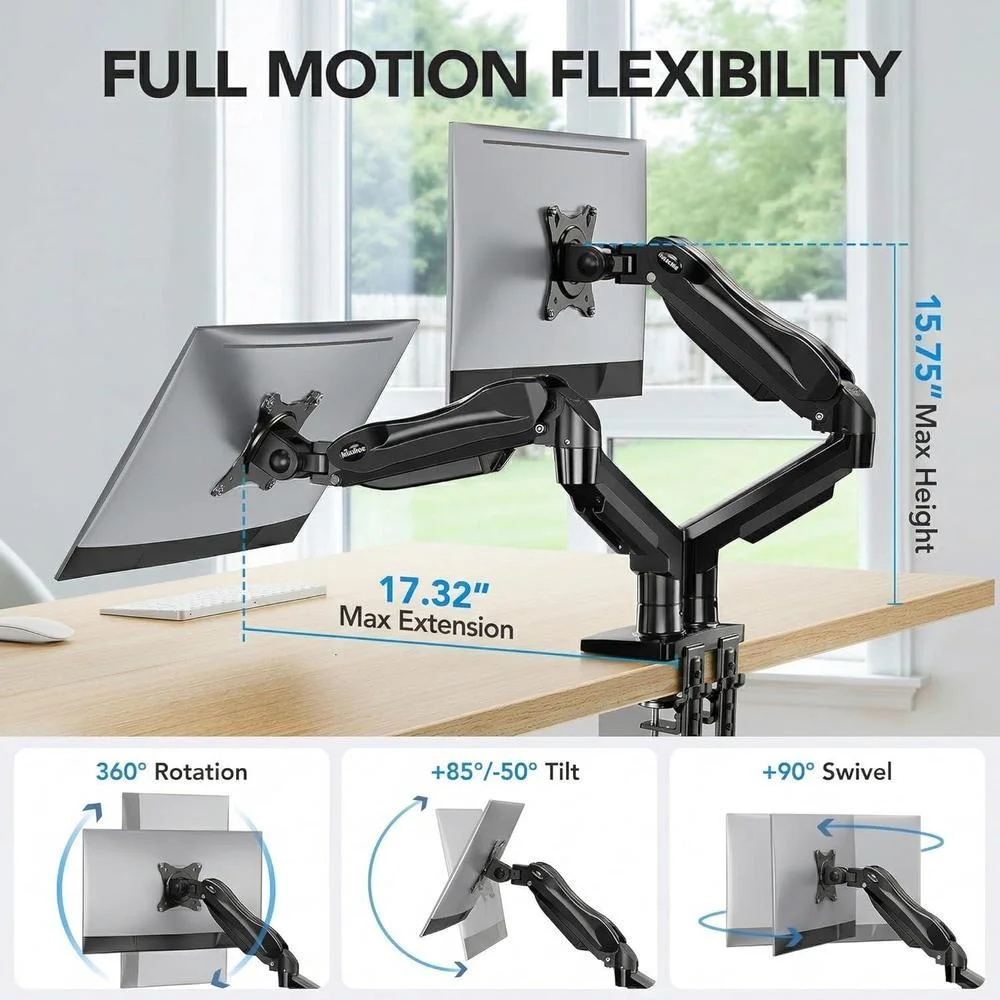 HUANUO FlowLift™ Soporte monitor doble ajustable VESA con abrazadera y base de ojales, cada brazo soporta hasta 9 kg