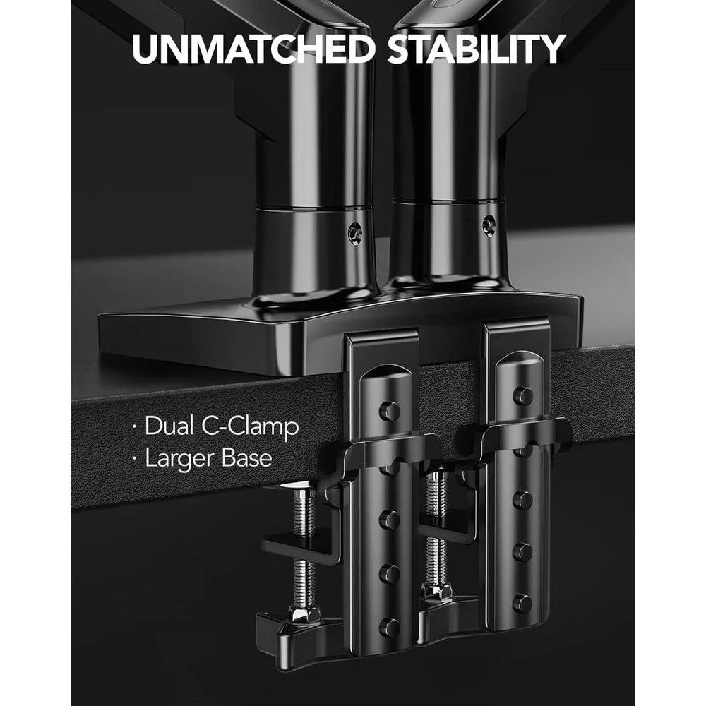 HUANUO FlowLift™ Soporte monitor doble ajustable VESA con abrazadera y base de ojales, cada brazo soporta hasta 9 kg
