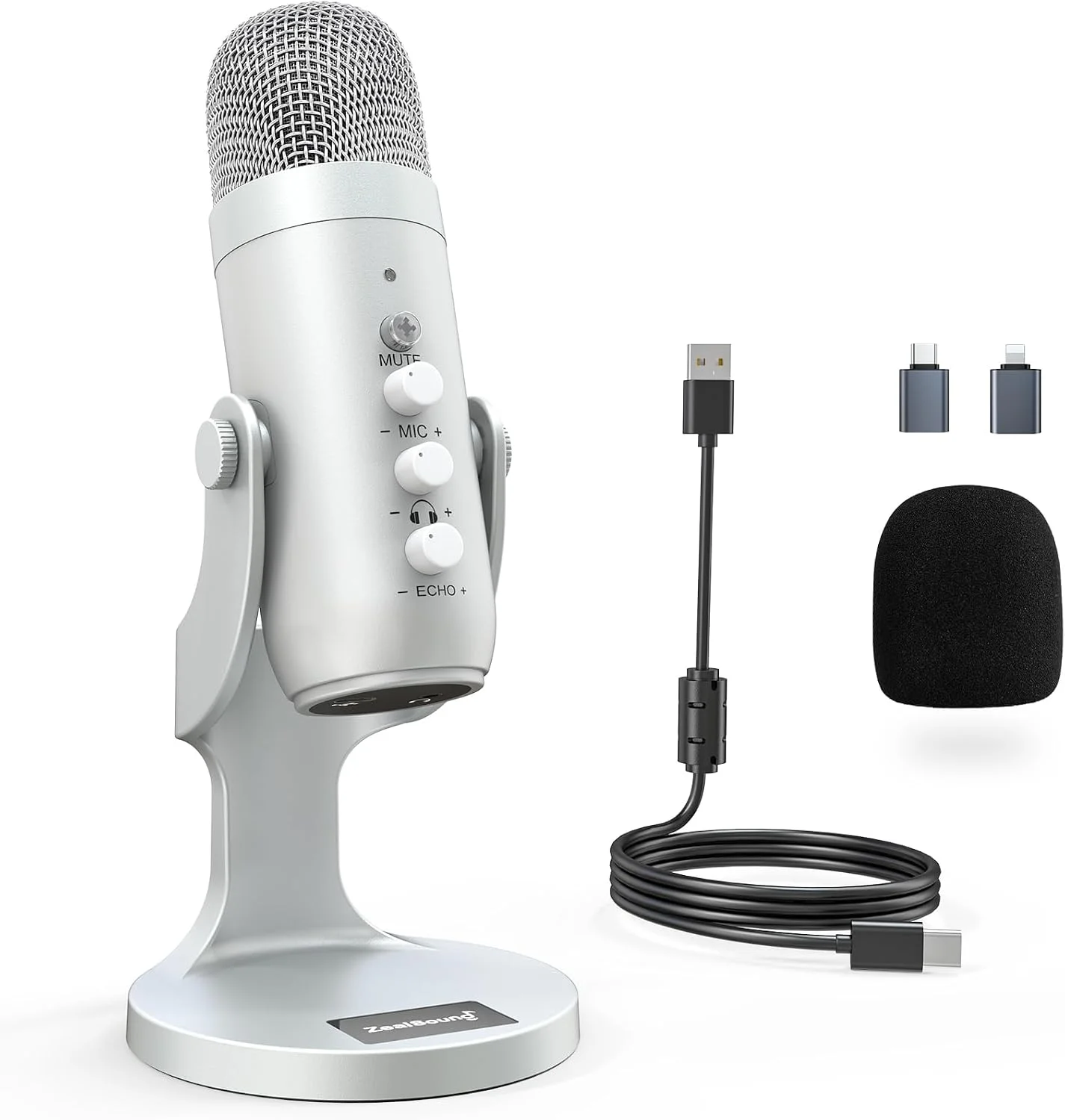 Micrófono USB ZealSound K66 Podcast Condensador Plata