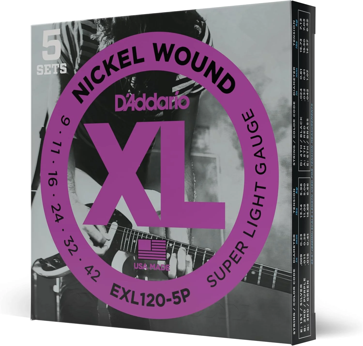 Cuerdas para guitarra eléctrica D'Addario XL Nickel 09-42, pack de 5 juegos