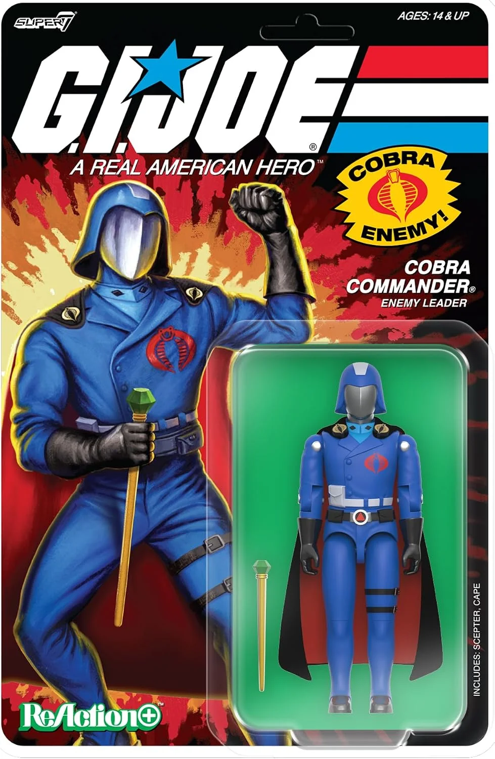 Figura de acción Super7 Reaction+ G.I. Joe Cobra Commander capa negra 3.75 pulgadas