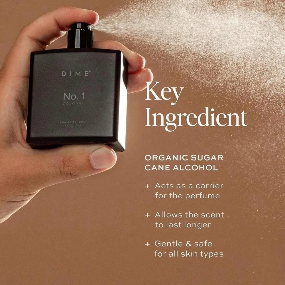DIME Colonia No. 1 para hombres, con fragancia de maderas de ámbar, cardamomo y cuero. Ideal para uso diario o especial