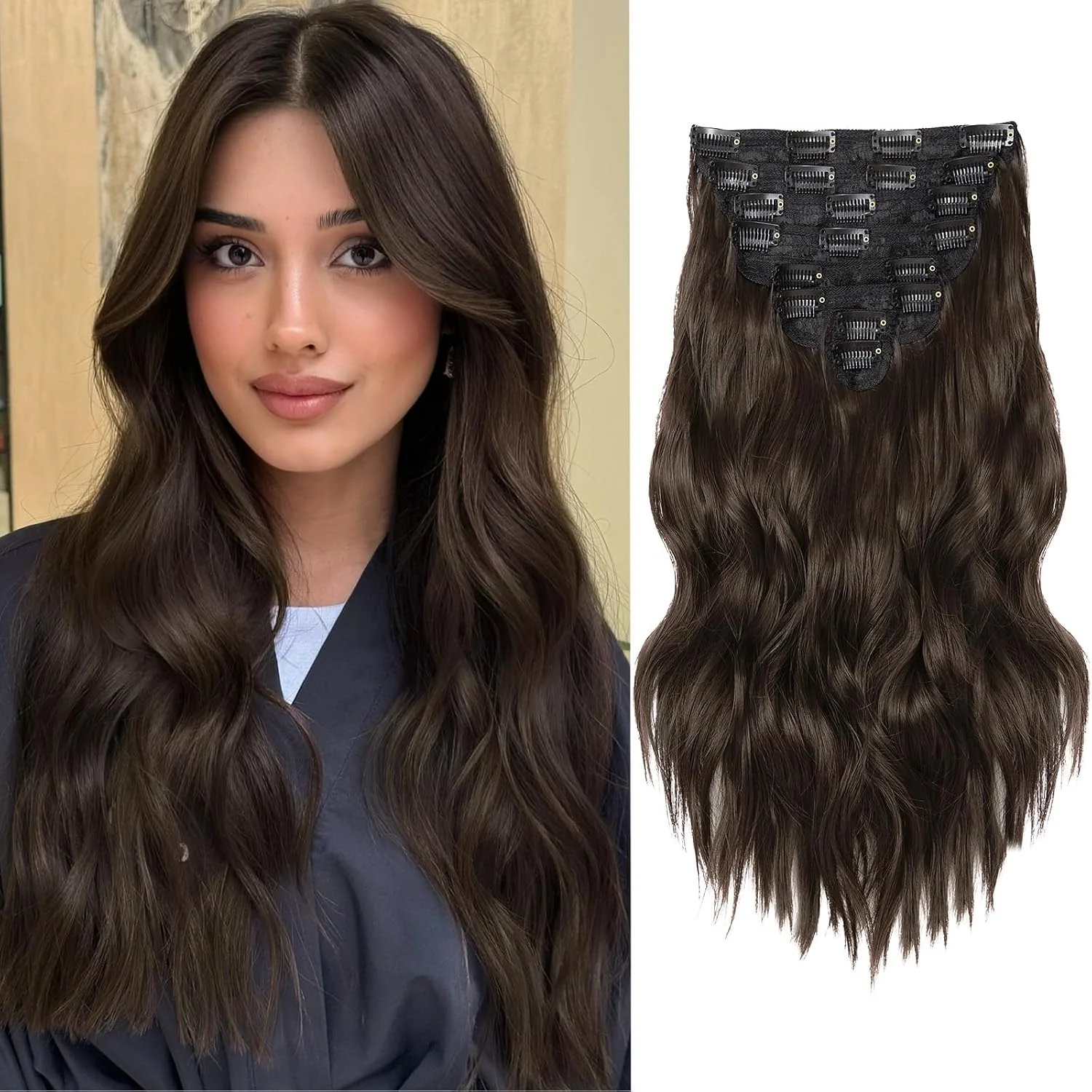 Extensiones de cabello clip-in Verna 8 piezas 16 pulgadas castaño oscuro ondulado