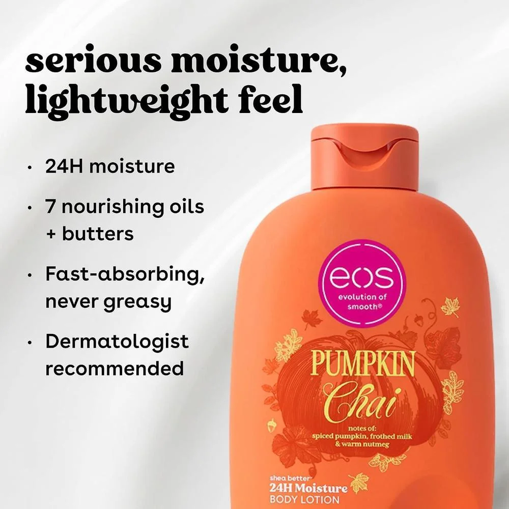eos Pumpkin Chai Shea Better Body Lotion con manteca de karité, hidratación 24H, aroma calabaza chai