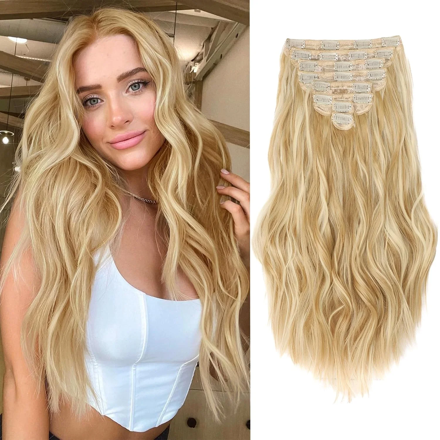 Extensiones de cabello clip-in onduladas rubio miel 8 piezas 20 pulgadas