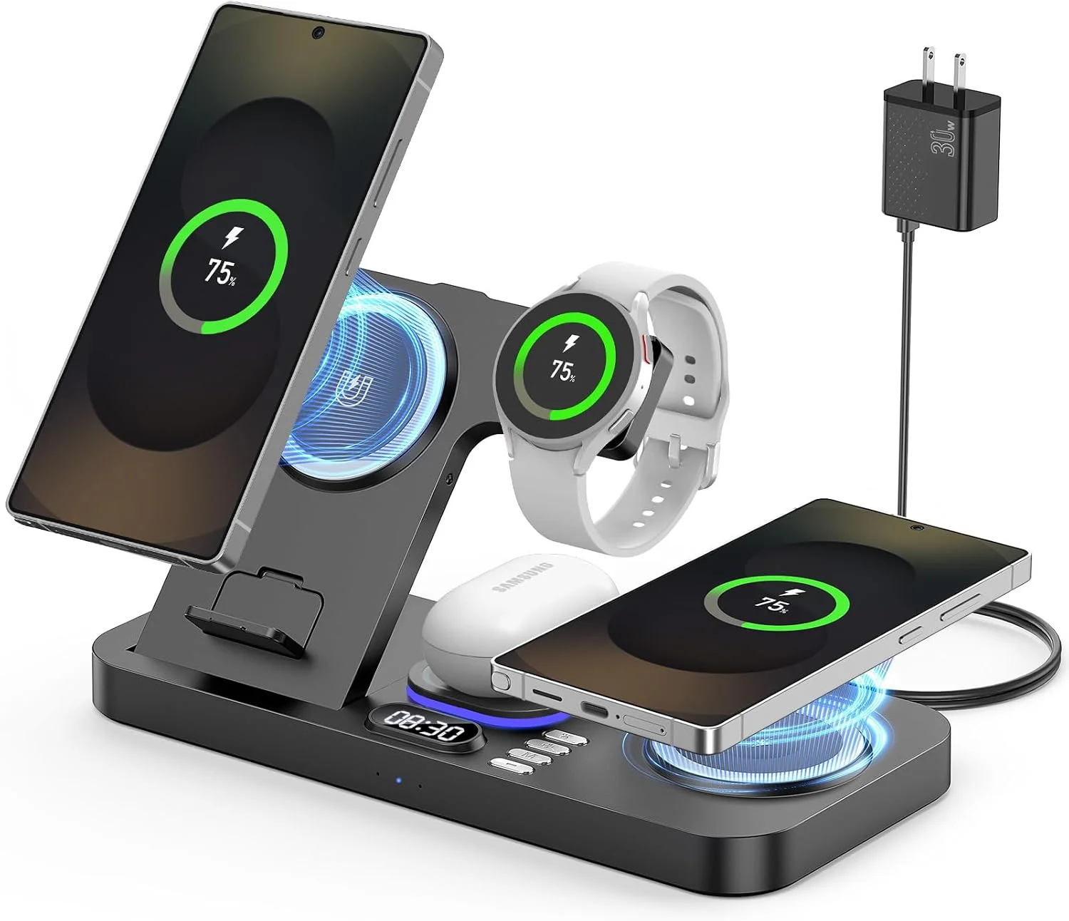Cargador inalámbrico magnético 6 en 1 para Samsung con reloj y luz LED