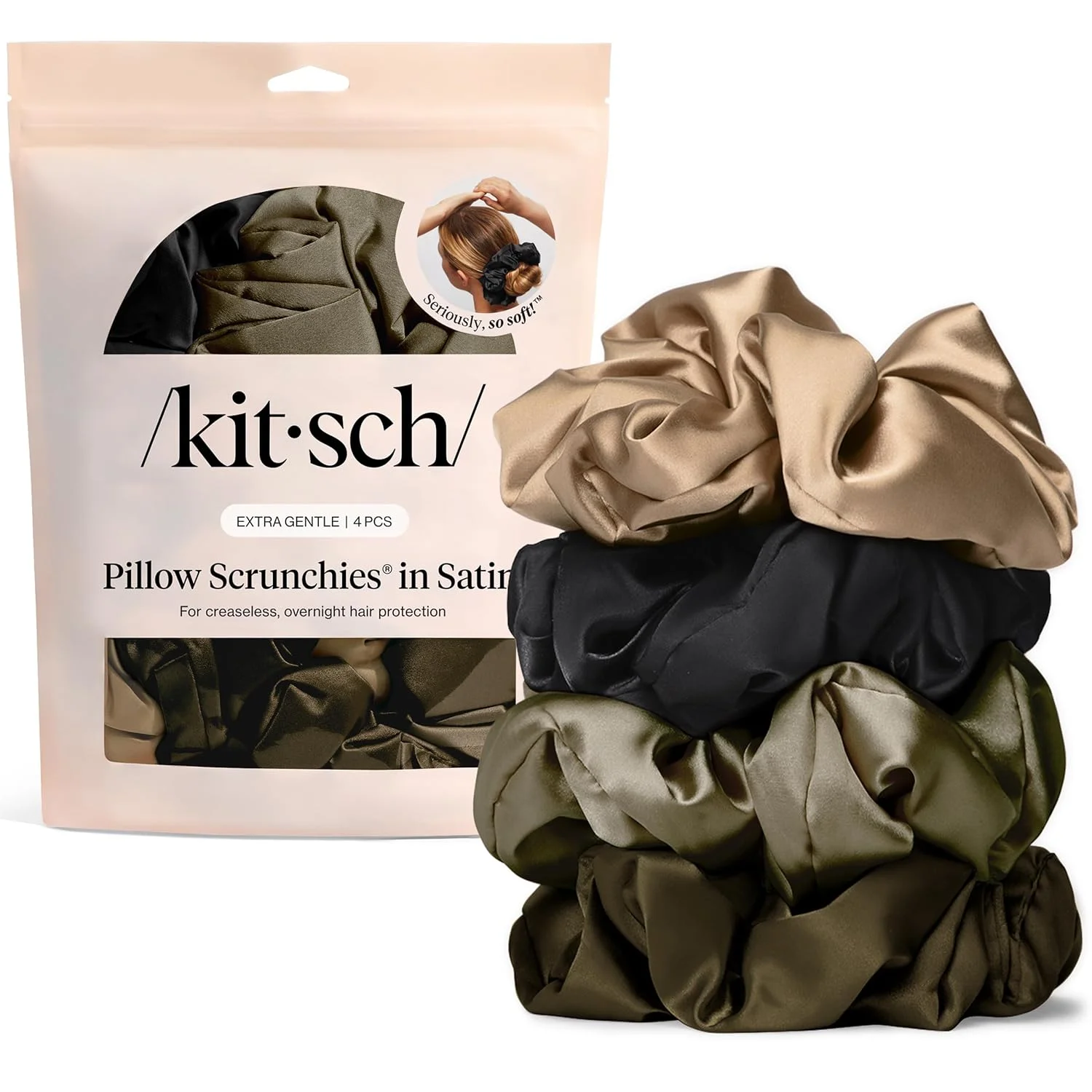 Elásticos para cabello Kitsch Pillow Satin Scrunchies negro, 4 piezas