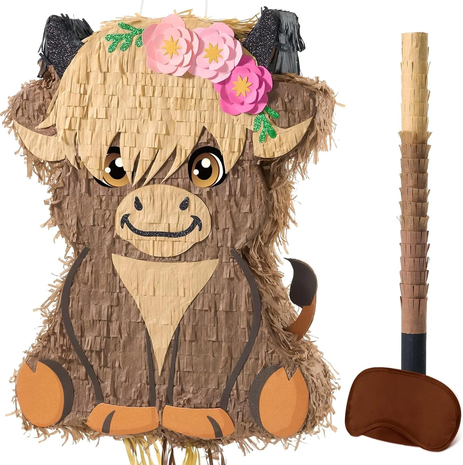 Piñata Vaca Highland Escocesa con Antifaz y Bate