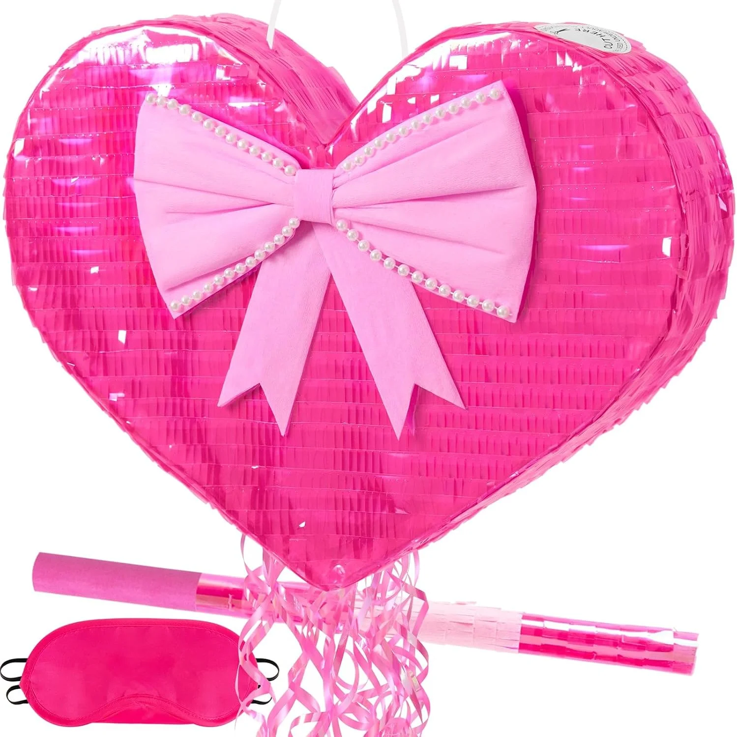 Piñata corazón rosa con antifaz y palo para golpear