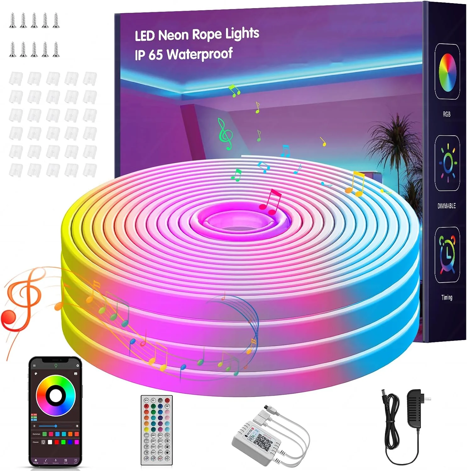 Cinta LED RGB Neon Rope Lights 50 pies con control remoto y app