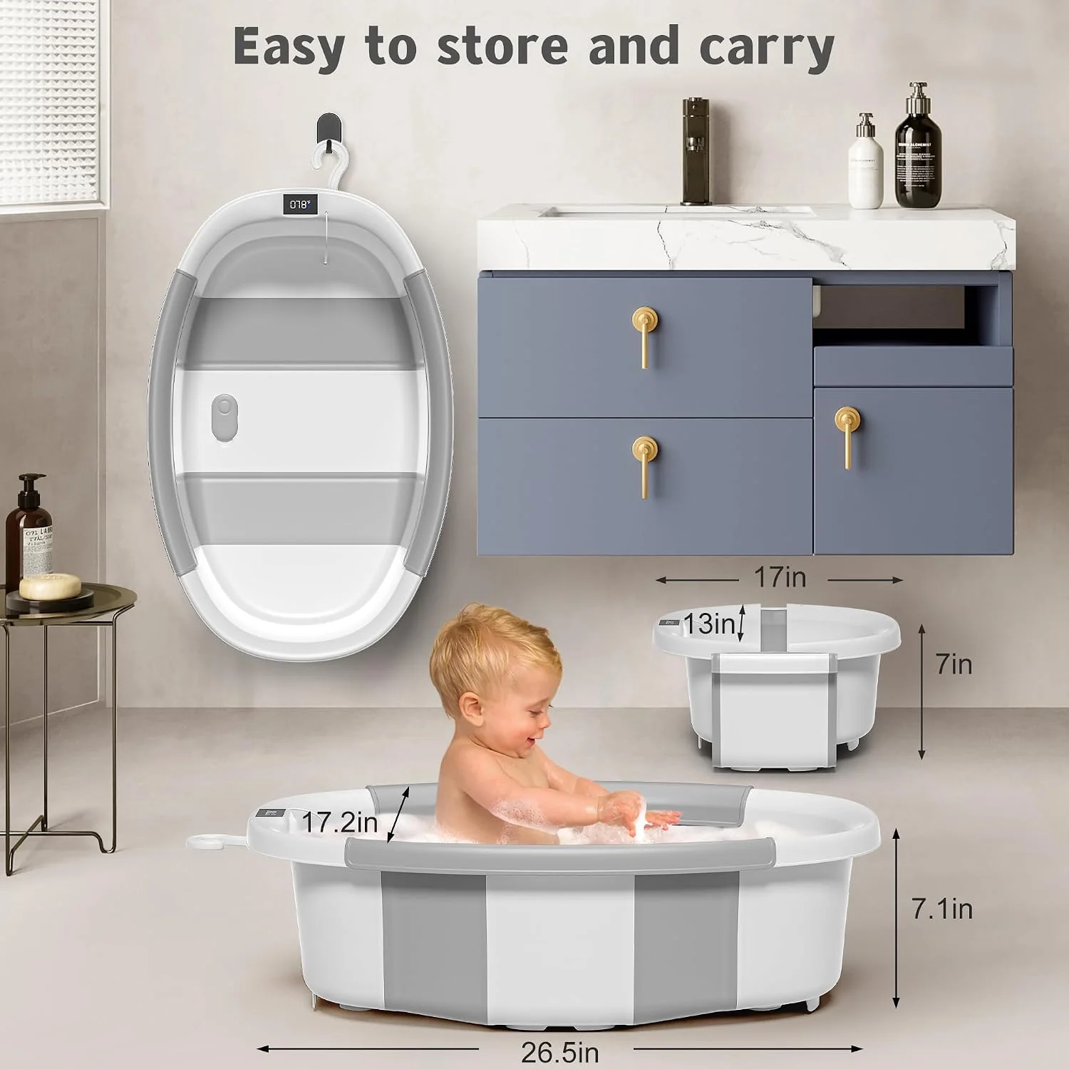 Himold Bañera Plegable Amplia para Bebé con Termómetro y Cojín Gris