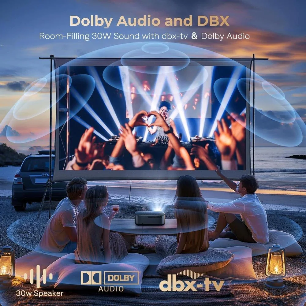 Proyector Alvar con WiFi 6, Bluetooth, sonido dbx-tv y aplicaciones integradas como Netflix, ideal para cine en casa o exterior