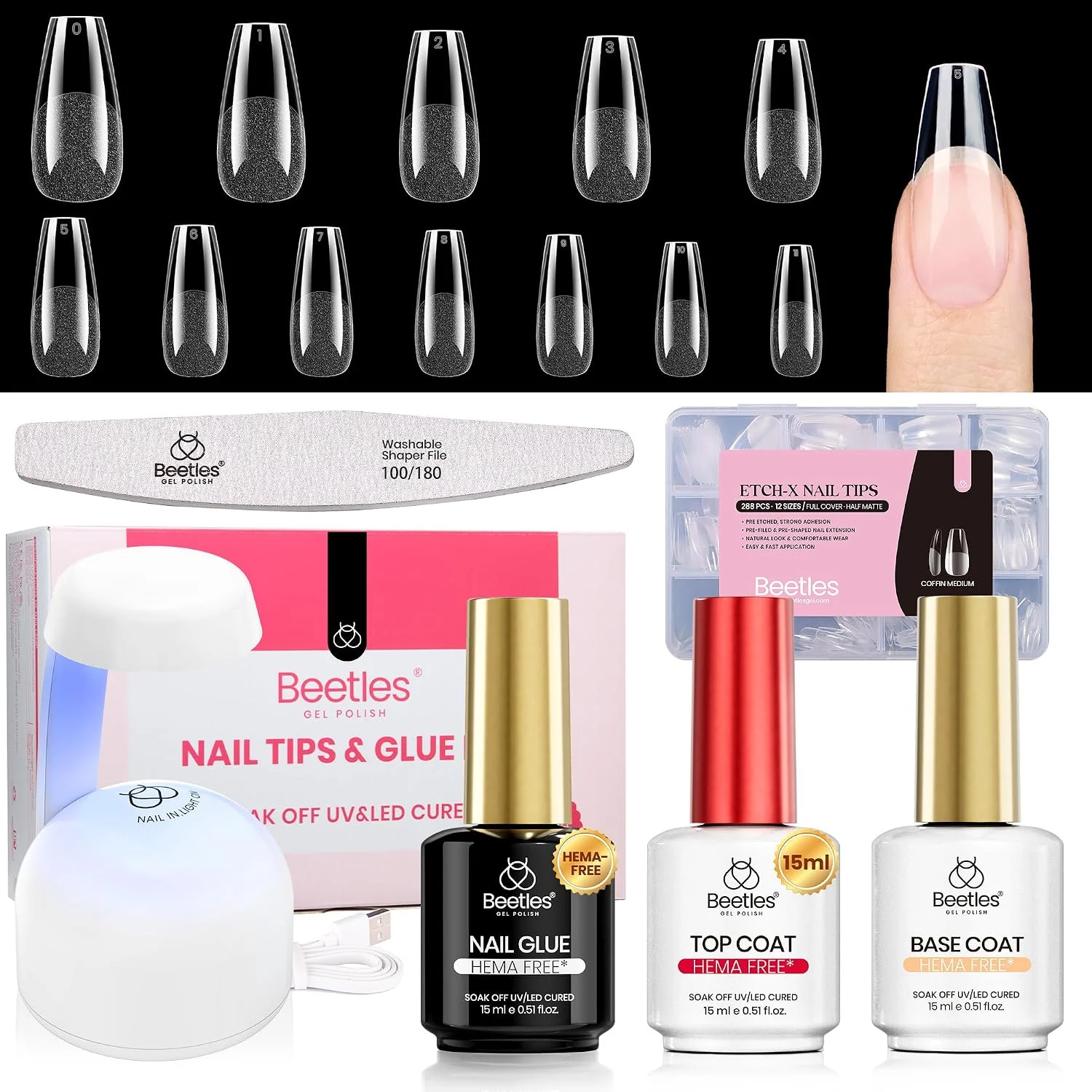 Kit de uñas postizas Beetles Gel Polish Etch-X coffin medium con lámpara mini