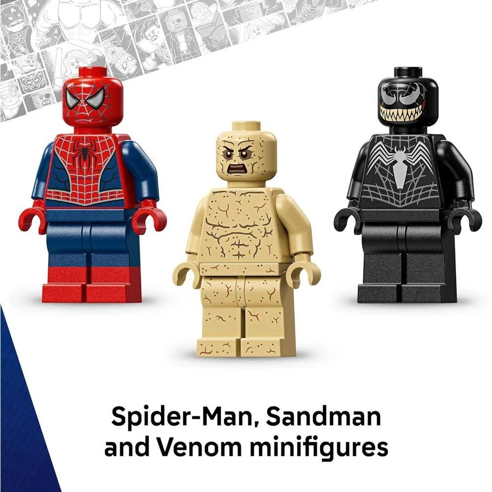 Set de construcción LEGO Spider-Man vs. Sandman con minifiguras de Venom y Spider-Man, ideal para niños desde 9 años