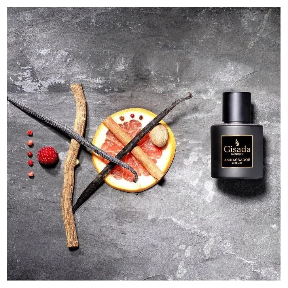 Gisada Ambassador Intense para hombres, perfume con aroma fuerte y masculino, notas cítricas y orientales hecho en Suiza