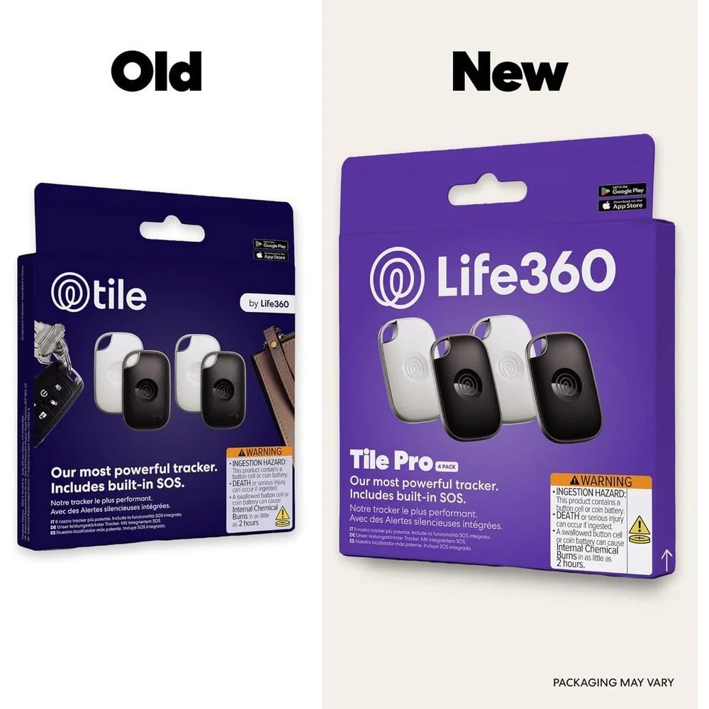 Tile Pro de Life360 - Rastreador Bluetooth potente y buscador de llaves/artículos, compatible con iOS y Android, paquete de 4 colores negros/blancos
