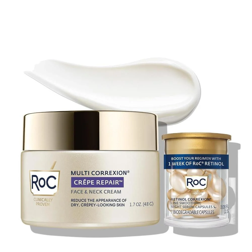 RoC Crema diaria antienvejecimiento para arrugas en rostro y cuello con cápsulas de retinol para suavizar líneas de expresión
