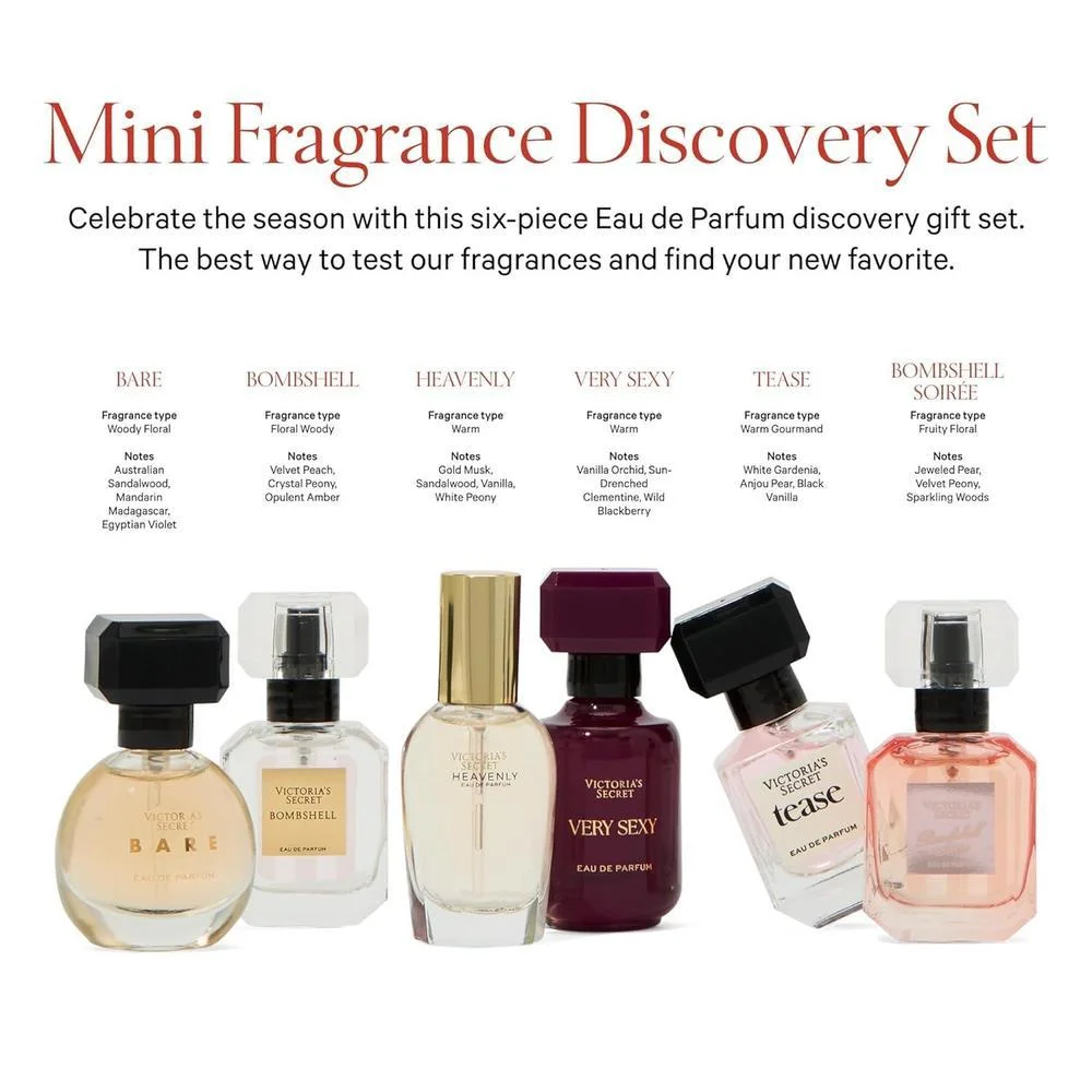Victoria's Secret Mini Set de Regalo Discovery Eau de Parfum: Bombshell, Bombshell Soiree, Tease, Bare, Very Sexy y Heavenly
