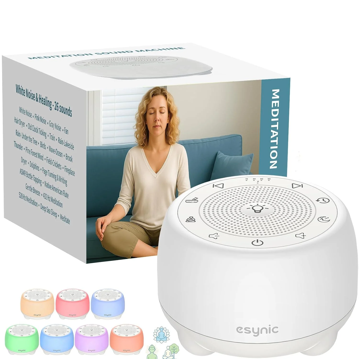 eSynic Portable Tibetan Singing Bowl Electronic-38 Sounds Rechargeable White Noise Machine with 7 Lights & 30h playback-15-90 Minutes Timer-Premium 3D Audio-for Meditation Yoga Sleep Stress Relief